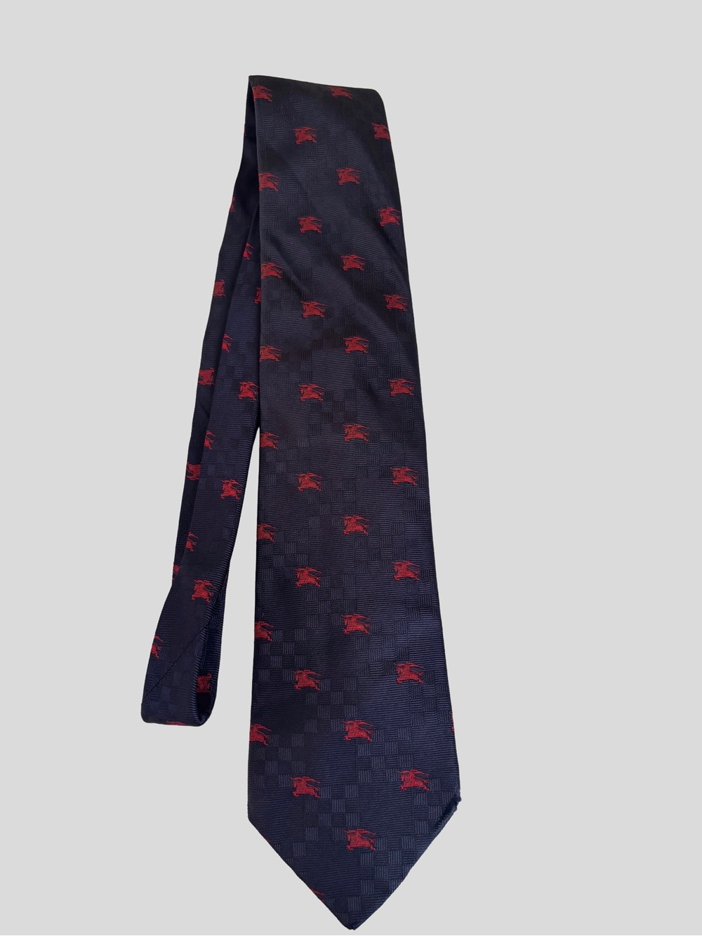 Vintage Burberry Navy Tie with Red Emblem Pattern